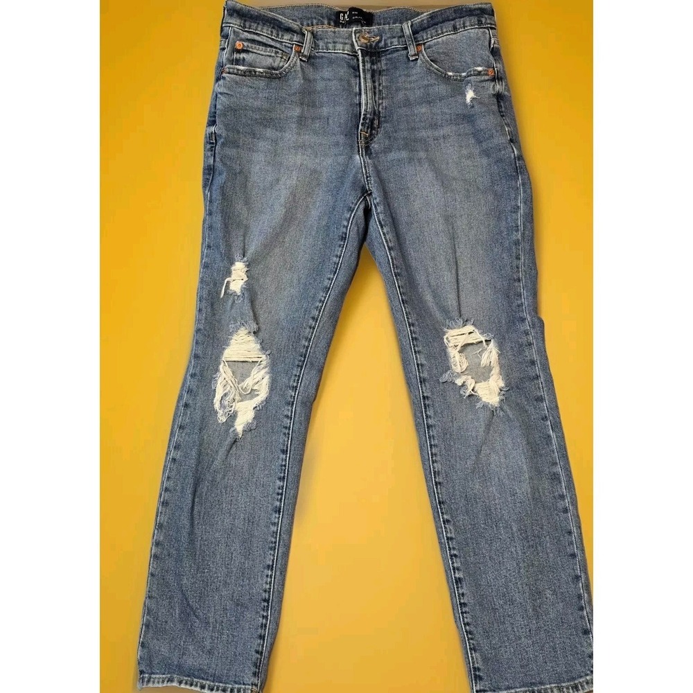 GAP Womens Size 8 29 Girlfriend Jeans Blue Medium‎ Wash Ripped Distressed Denim
